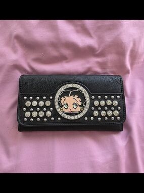 Betty Boop Black Leather  Studded Wallet with Crystal Accent